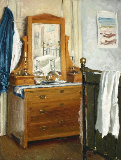 Paul Fischer: A bedroom interior. Signed and dated Paul Fischer 1916. Oil on canvas. 45×35 cm.