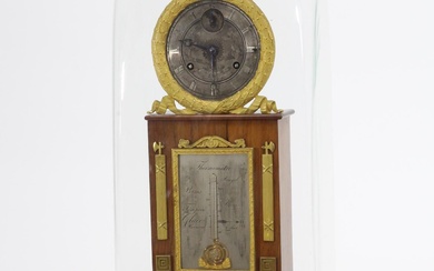 Pendule borne faisant thermomètre, à décor en bronze ciselé et doré sur fond de palissandre...