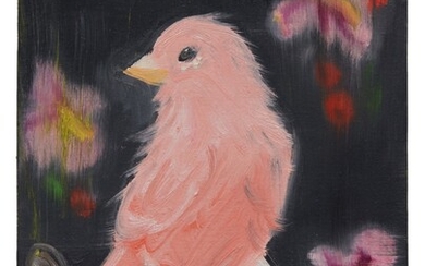 Pink Canary (Stepping Out on Black, with Hollyhocks and Cherries), Ann Craven