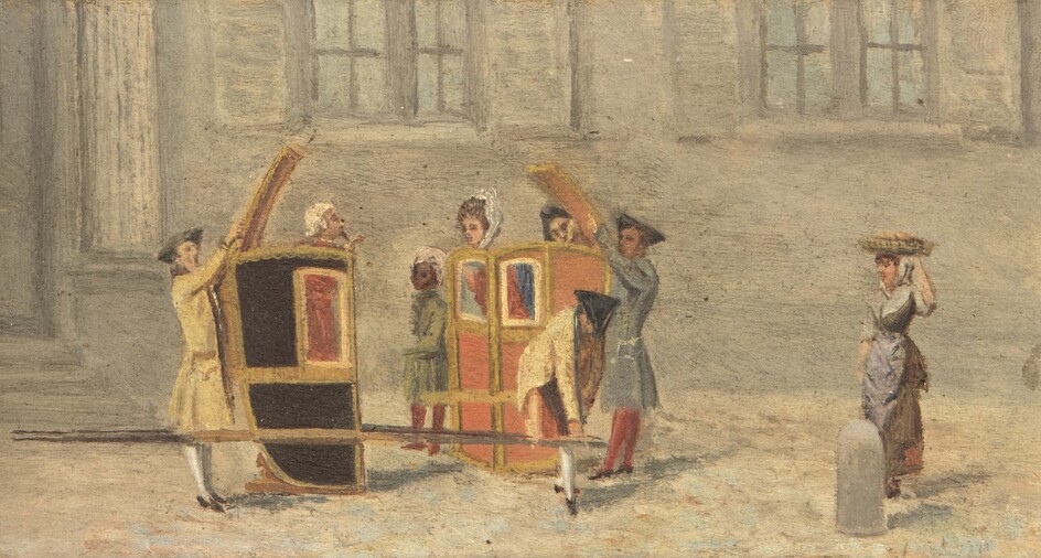 Pittore fine del XIX secolo (1:Principale) (0 - 0) Incontro a Venezia in portantina olio su tavola cm 9x17,5 - con la cornice cm 18x26