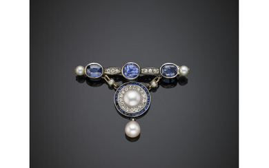 Platinum and gold diamond, pearl, oval synthetic and calibré sapphire bar brooch with detachable central pendant, g 5.01, length cm…Read more