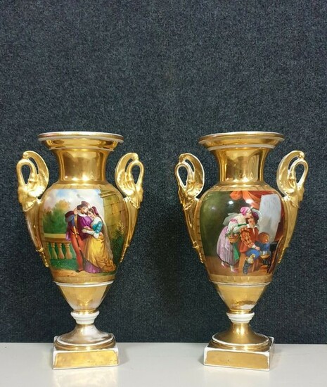 Porcelaine de Paris - Pair of swan neck vases - Empire - Porcelain