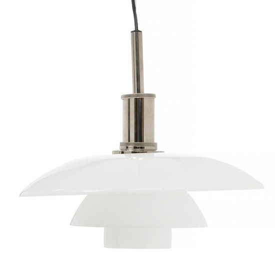 Poul Henningsen: “PH-4,5/4”. Pendant with sockethouse of chromed metal. Shades of multi-layer opal glass. Manufactured by Louis Poulsen.
