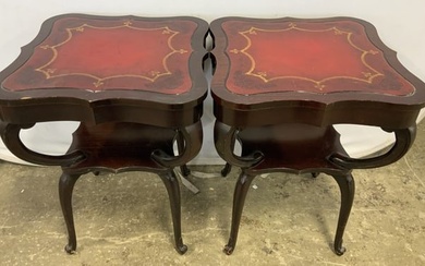 Pr ADAMS ALWAYS Vntg Red Leather Inlay End Tables