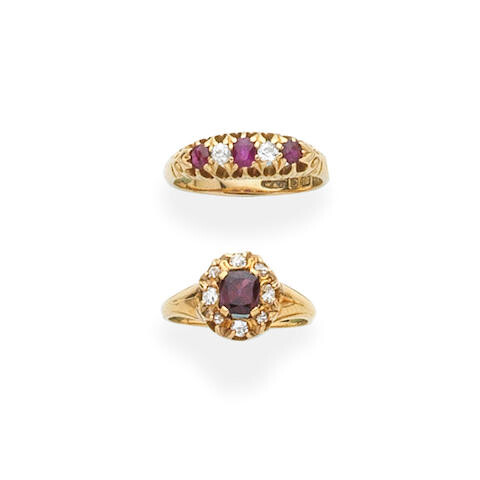 RUBY AND DIAMOND-SET FIVE STONE RING, 1904 AND GARNET AND DIAMOND CLUSTER RING