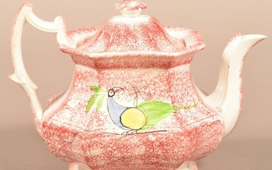 Red Spatter Peafowl Pattern China Teapot.