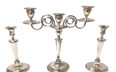 Regency plated candlebra and pair similar candlesticks (3)