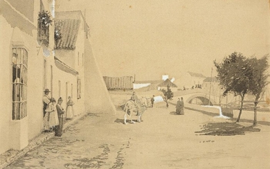 Robert Payton Reid, ARSA, Scottish 1859-1945- A village scene with figures, a horse and a bridge over a river; and A coastal view with fishing boats; each pencil, pen and grey ink and grey wash heightened with white on paper, each signed 'R. Payton...