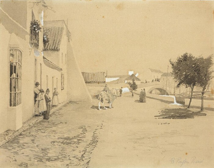 Robert Payton Reid, ARSA, Scottish 1859-1945- A village scene with figures, a horse and a bridge over a river; and A coastal view with fishing boats; each pencil, pen and grey ink and grey wash heightened with white on paper, each signed 'R. Payton...