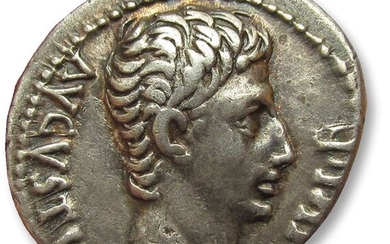 Roman Empire. Octavian as Augustus. Silver Denarius,Lyon / Lugdunum 15-13 B.C. - Apollo Citharoedus standing left