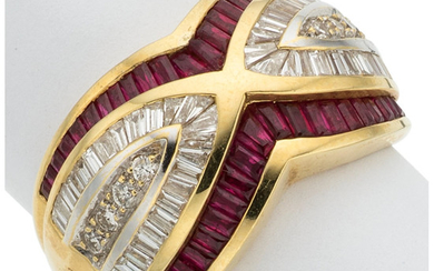 Ruby, Diamond, Gold Ring The ring features baguette-cut rubies...