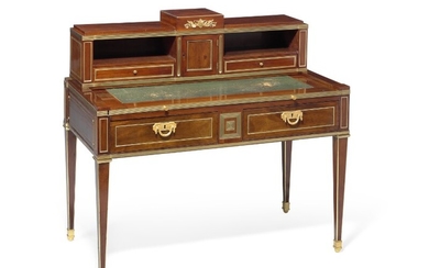 A Russian Neoclassical style gilt bronze mounted mahogany writing desk. H. 105 cm. W. 118 cm. D. 73 cm.