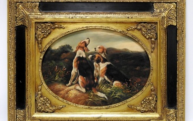 S. ROY - XXeme Les trois chiens de chasse Huile sur panneau. Signée en bas...