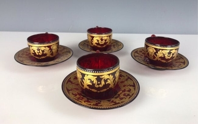 SET OF 4 GILT MURANO CUP AND SAUCERS
