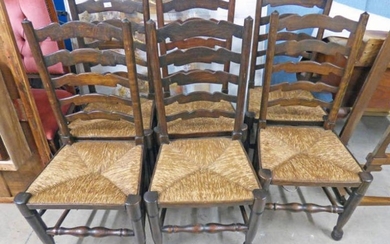 SET OF 6 OAK LADDERBACK DINING CHAIRS WITH RUSHWORK...