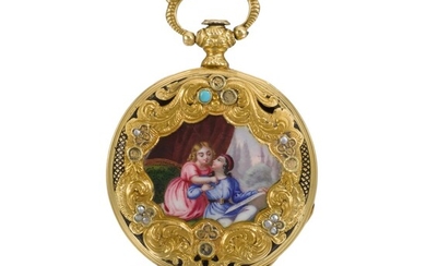 SWISS | A GOLD AND ENAMEL OPEN-FACED CYLINDER WATCH CIRCA 1850