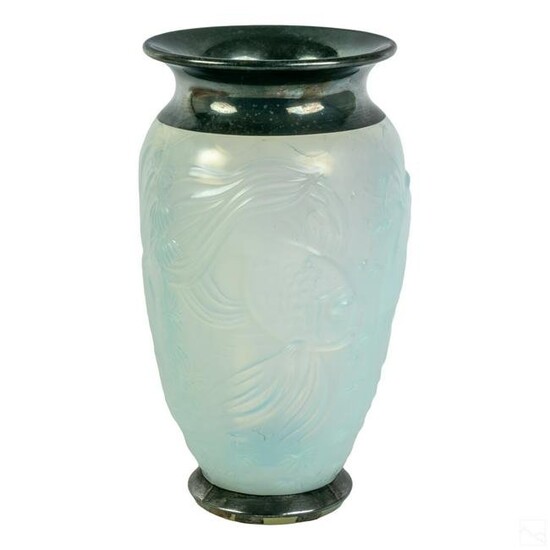 Sabino Opalescent Silver Rim Art Glass Fish Vase