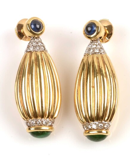 Sapphire, Emerald, Diamond and 18ct gold earrings