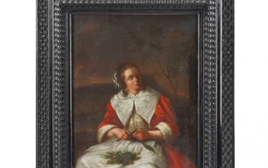Scène de genre Femme cuisinant des legumes. Suiveur de GABRIEL METSU (1629-1667). Planche, huile, parquet...