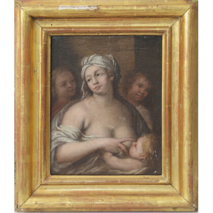 Scuola lombarda, sec XVIII - da Nuvolone "La Carità" olio su tela (cm 25,4x20). In cornice (difetti)