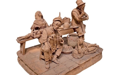 Scuto, Olindo - Piattaforma in terracotta con quattro personaggi rappresentanti usi e costumi siciliani