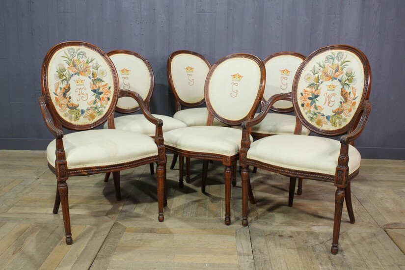 Set of 6 Antique Continental Crewel Work Chairs