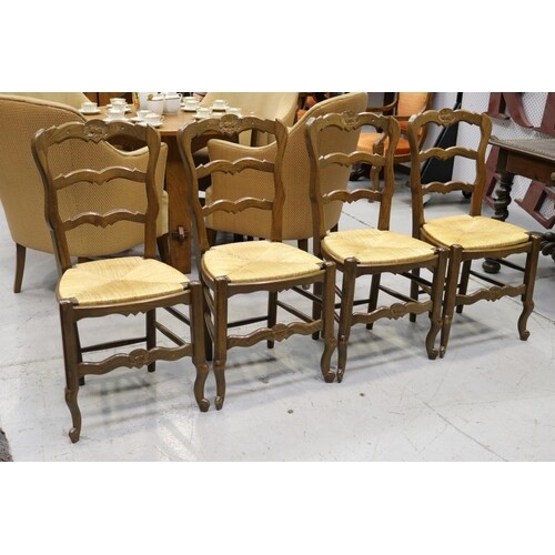 Set of four vintage French Louis XV style, rush seated ladde...