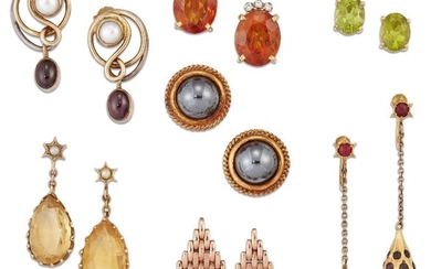 Seven pairs of earrings, comprising: a pair of cushion shaped ruby ovoid drops to chain link suspensions and oval ruby single stone tops, screw fittings; a pair of oval citrine with single-cut diamond three stone surmounts, clip fittings; a pair of...