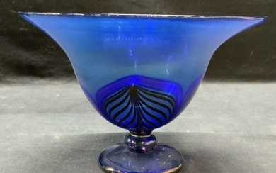 Signed Blue Art Glass Feather Pull Footed Bowl