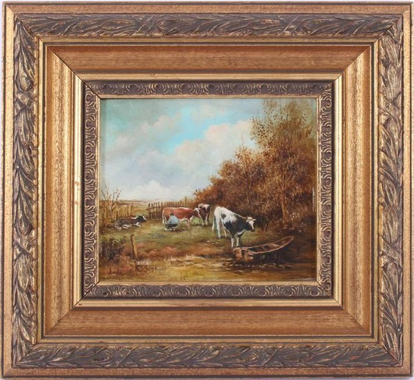 Signed G Veldkamp, Milking farmer in landscape, panel