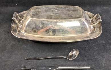Silver Plated Covered Dish With Serving Utensils