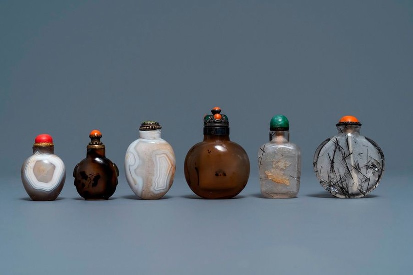 Six Chinese needle quartz and agate snuff bottles,...
