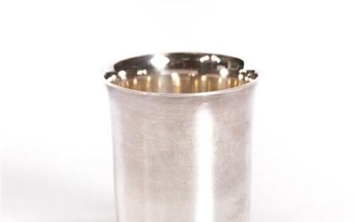 Small silver plated metal kettledrum, resting on a frame, with a flared neck, signed J. DESPRÉS.