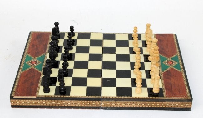 Spanish inlaid exotic wood chess set in box