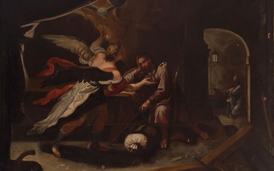Spanish or Italian school; ca. 1700 "The dream of St. Joseph". Oil on canvas. Relined....
