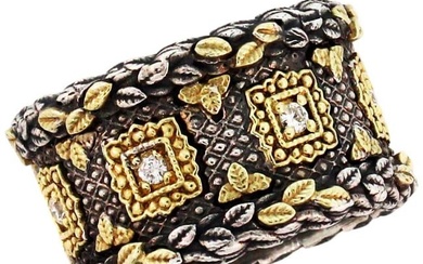 Stambolian Aged Sterling Silver 18K Gold Diamond Wide Cigar Band Ring