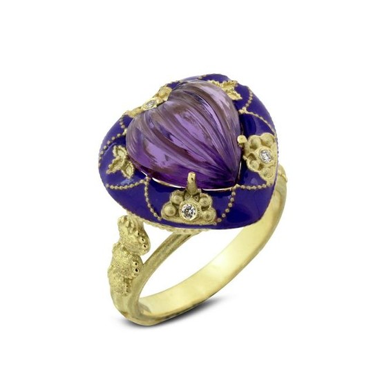 Stambolian Yellow Gold and Purple Enamel Ring with