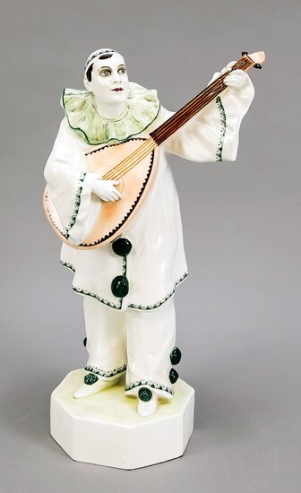 Standing Pierrot with lute, Goldscheider Vienna, signed, Padola (i.e. Czapek Stanislaus?) In an octagonal base, designed in 1919, model no. 4935-335-65, slightly polychrome painted, one corner chipped. H. 39 cm, Lit .: Dechant, Goldscheider...