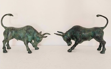 Statue, Pair bronze Bulls - 18 cm - Bronze