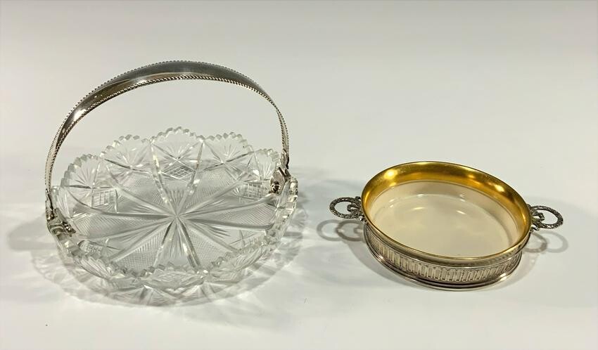 Sterling and Cut Glass Basket, Sterling Wine Coaster
