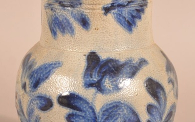 Stoneware Pitcher with Cobalt Floral Decoration.