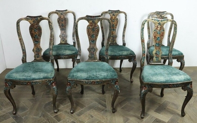 Suite of six chairs in lacquered wood with polychrome flower decoration.