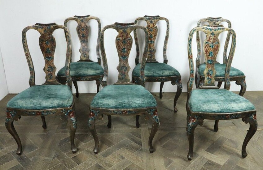Suite of six chairs in lacquered wood with polychrome flower decoration.