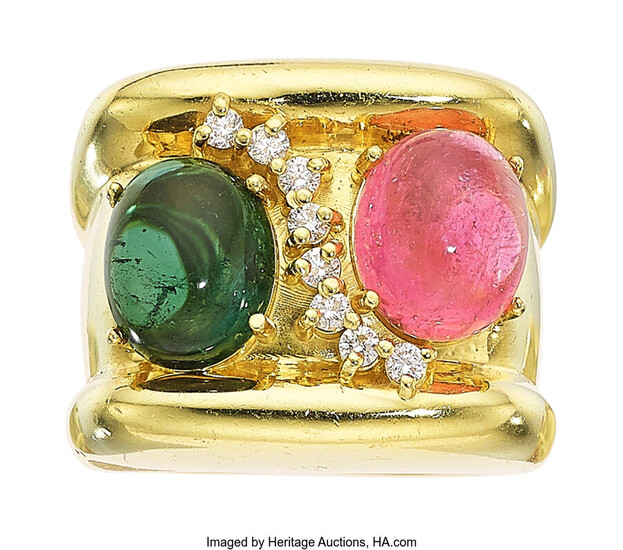 Susan Saffron Tourmaline, Diamond, Gold Ring Stones: Tourmaline cabochons;...