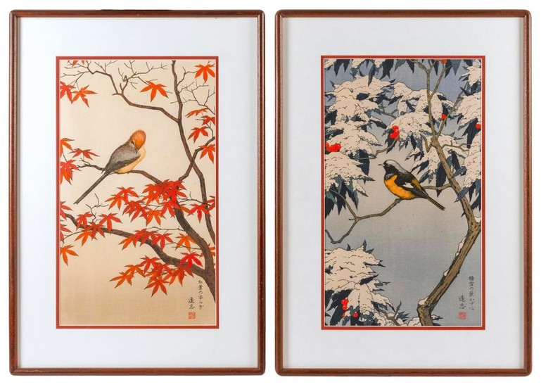 TOSHI YOSHIDA One depicting a bird on a snow-covered branch and one depicting a bird on a red maple tree branch. 19.5" x 11.5" sight...