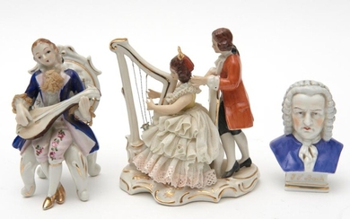TWO DRESDEN PORCELAIN PARLOUR SCENES TOGETHER WITH A BUST OF BACH