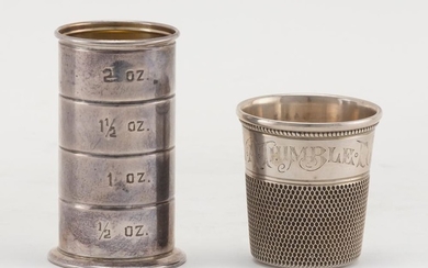 TWO STERLING SILVER DRINKING OBJECTS 1) Thimble-form shot glass inscribed "Only a Thimble Full" and with presentation inscription. L...