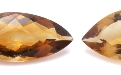 TWO UNSET CITRINES; 10.65ct chequerboard marquise cut, 25 x 11.55 x 6.68mm, 8.54ct pear cut 17 x 12.86 x 7.10mm.