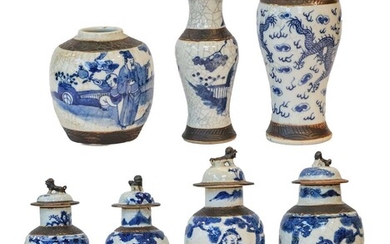 Seven various 20th century Chinese crackle glazed blue and...