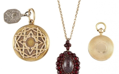 Three 19th century locket pendants, comprising: a gold circular example,...